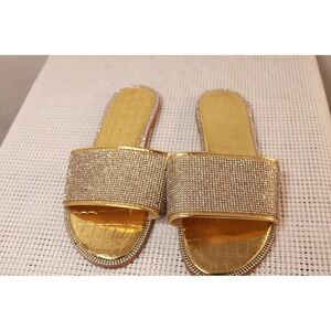Womens Gold Rhinestone Slide Sandals Size 38 Flat Slip On Croc Embossed Footbed